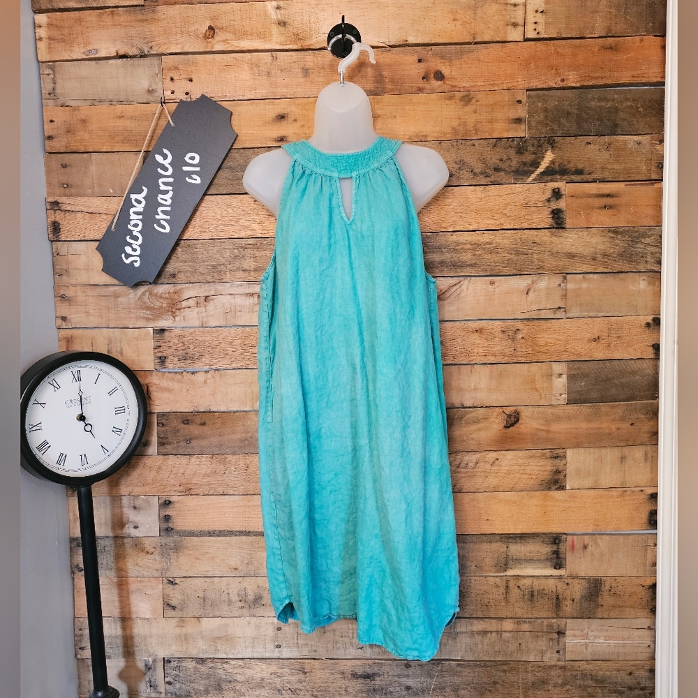 C&C California Women's Green Blue 100% Linen Shift Halter Dress Size M